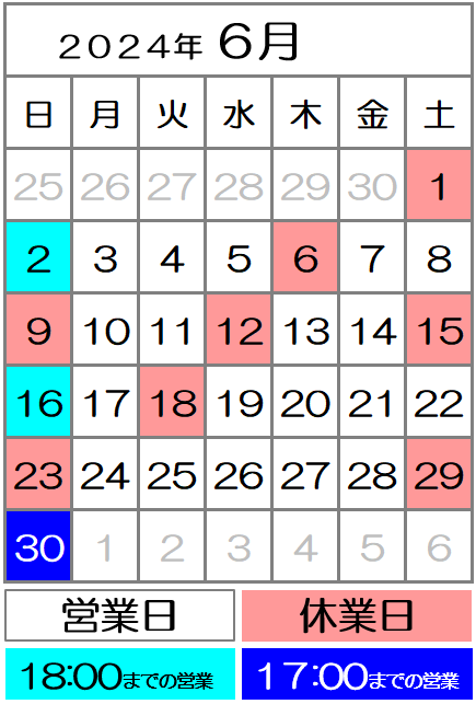 営業カレンダー2024年6月度|西川口駅前カイロ整体院